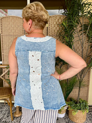 Light blue denim tank top with white eyelet center panel and lace collar detail.
