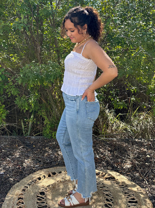 White Linen Blend Wide Smocked Layering Top