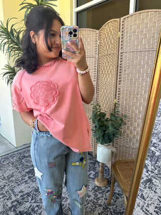 Easel Strawberry Smoothie Crochet Terry Top Oversized