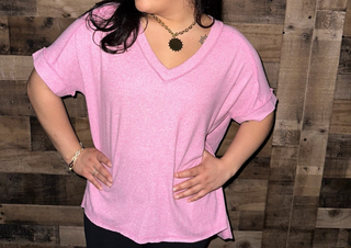 Super Soft VNeck Candy Pink Short Sleeve Top