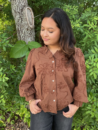 Jodifl Brown Embroidered Flower Top w/ Ruffle Neck