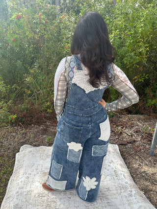 POL Denim Crochet Patchwork Wide Leg Overalls