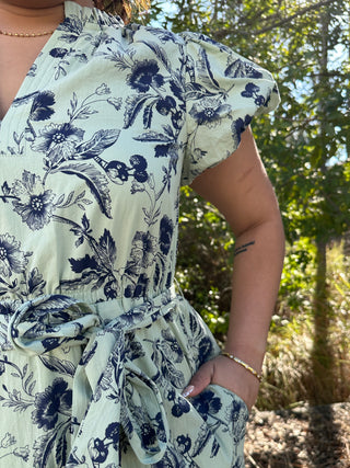 Alternate view of A & She Sage & Navy Floral Split Neck Midi Dress
