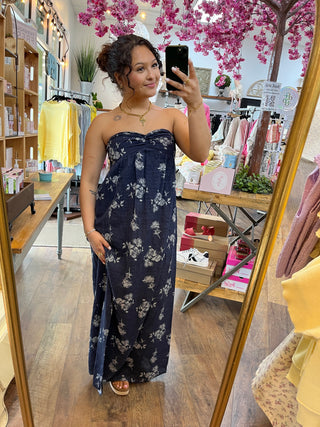 Navy Floral Romantic Strapless Maxi Dress