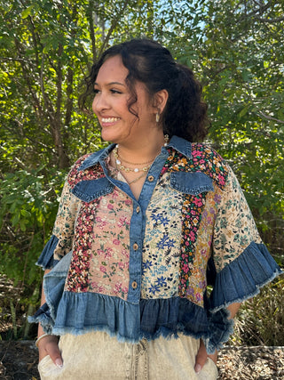Alternate view of Young Threads Latte Patchwork & Denim Ruffle Hem Crop Jacket Top
