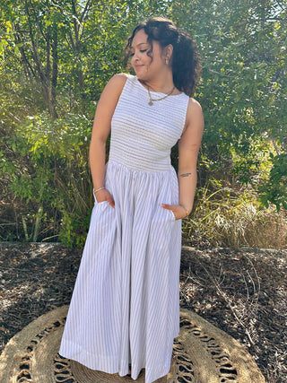 White & Black Pinstripe Smocked Sleeveless Midi Dress