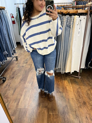 In Feb Cream & Blue Stripe Dolman Slub Sweater Top