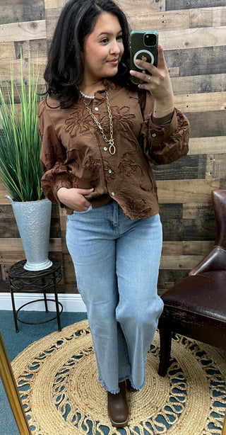 Jodifl Brown Embroidered Flower Top w/ Ruffle Neck