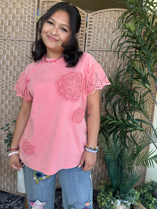 Easel Strawberry Smoothie Crochet Terry Top Oversized