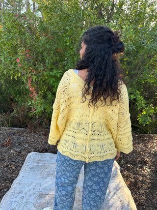 POL DANDELION YELLOW Crochet Short Sleeve Scalloped Edge Top