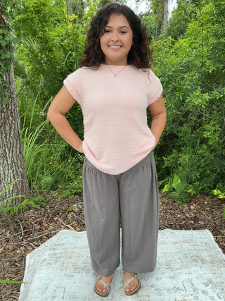 Fantastic Fawn Boxy Cut Pink Pearl Trim Shoulder Top