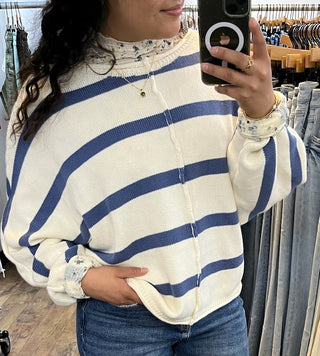 In Feb Cream & Blue Stripe Dolman Slub Sweater Top