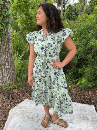 A & She Sage & Navy Floral Split Neck Midi Dress