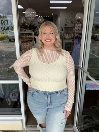 Cream round neck dot lace mesh long sleeve layering top, perfect for stylish and elegant women's fashion.