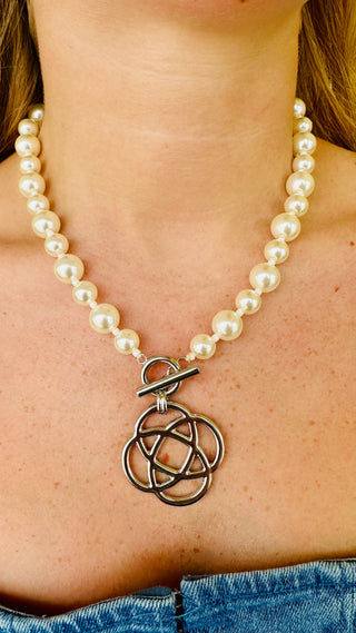 Silver Clover Charm Pearl Necklace
