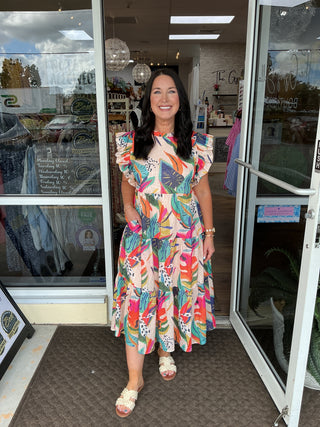 Jodifl Tropical Print Ruffle Sleeve Midi Dress