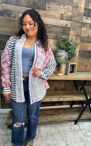 Alternate view of Like Love Blue & Pink Button Down Plaid Stripe Mix Top

