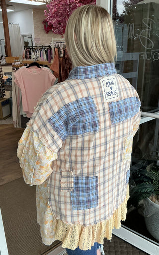 Oli & Hali Washed Ruffle Hem Blue Plaid Mix Top