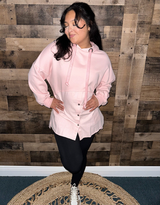 Pink Half Hoodie Half Button Long Slv Top