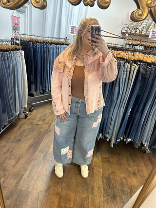 POL Lt Pink Ruffle Trim Mixed Fabric Shacket Top