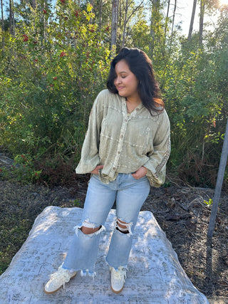 Young Threads Pistachio & Wine Embroidery Bat Sleeve Top