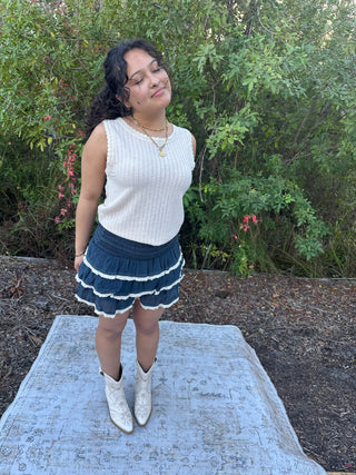 Listicle Navy Frilly Smocked Tiered Ruffle Trim Skort