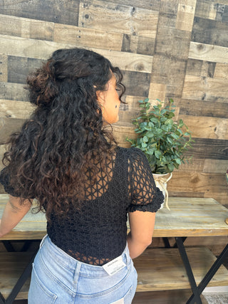 Easel BLACK Textured Mesh Short Sleeve Layering Top