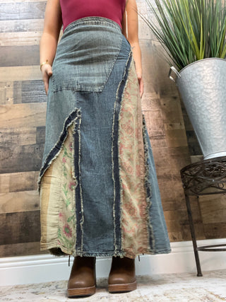 Western Boho Patch Inserted Denim Midi Skirt
