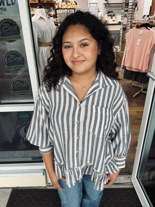 Easel Striped Linen Ruffle Hem Button Down Top (2 COLORS)