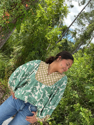 Umgee Green Mix Fabric Yoke Top