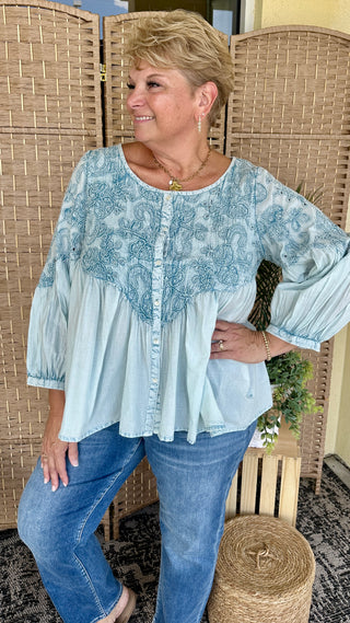 Alternate view of POL Charming in Blue Embroidered Top
