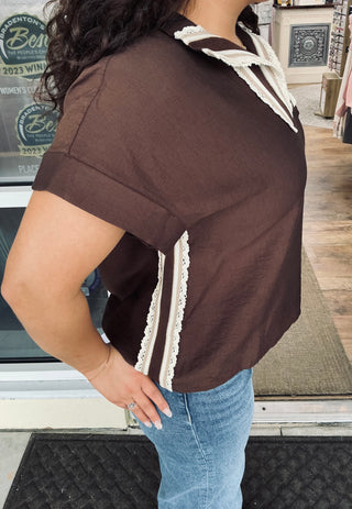Entro Brown Split Neck Crochet Trim Short Slv Top
