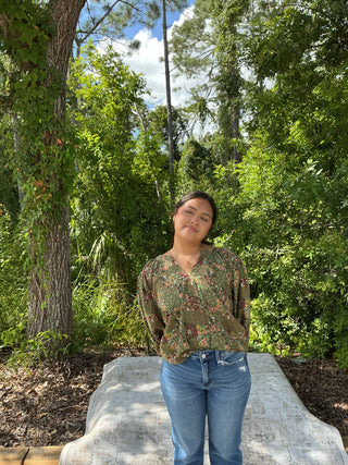 Entro Olive Patchwork Ditsy Floral Top