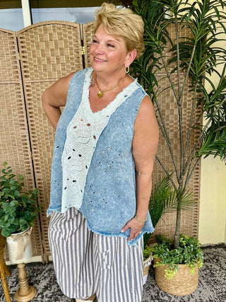 Light blue chambray sleeveless tank top with eyelet lace trim, worn oversized.
