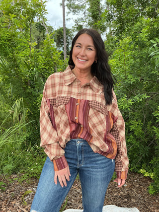 Oli & Hali Burgundy Washed Plaid & Stripe Mix Shacket Top