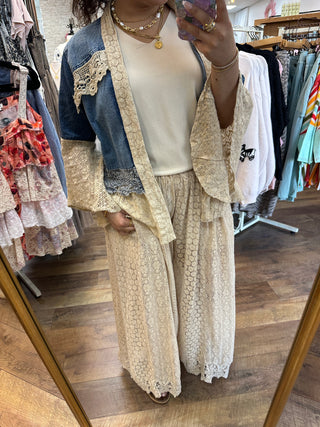 Young Threads Desert Dream Washed Denim & Lace Kimono Cardigan Top