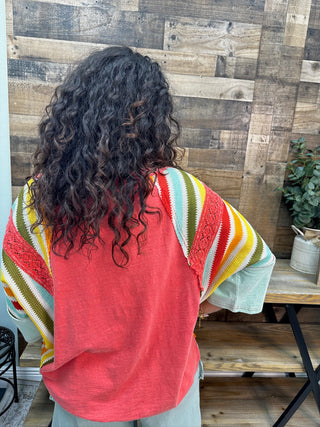 Alternate view of Easel RED Mineral Wash 3/4 Slv Multi Stripe Top
