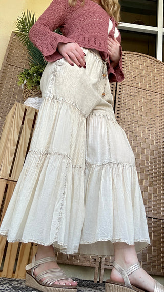 Young Threads Boho Tiered Ivory Latte Patchwork Pants

