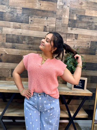 Alternate view of In Feb Sweet Pea Peach Relaxed Slub Knit Split Neck Sweater Top
