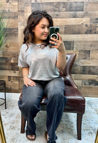 Sew In Love Silver Round Neck Short Sleeve Shine Top