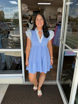 Periwinkle French Terry Ruffle Dress w/ Contrast Print Neck & Sleeves Umgee