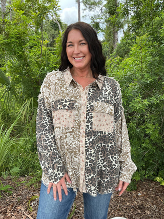 Oli & Hali Washed Leopard Paisley Button Down Shacket Top