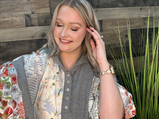 POL Heather Gray Half Placket Mixed Fabric Boxy Top Oversized