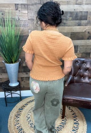 Listicle Caramel Cable Knit Short Slv Ruffle Hem Sweater Top