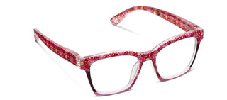 Rose pink marble-patterned reading glasses with clear lenses and slightly oversized square frames.

