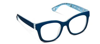 Navy blue wayfarer-style reading glasses with textured light blue interior arms.
