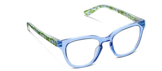 Blue and green tortoiseshell reading glasses with clear lenses and blue frame accents.
