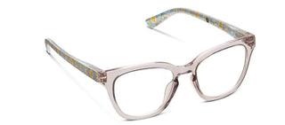 Clear gray cat-eye reading glasses with tortoiseshell gold temples.
