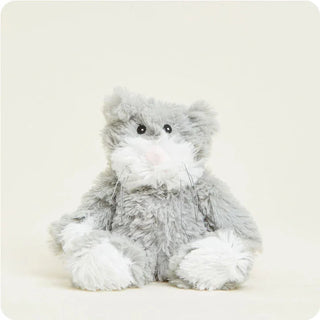 Cuddly Warmies Cat Junior microwavable plush toy with soft, cream-colored fur and cozy lavender scent for soothing comfort.