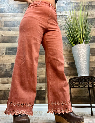 Brick Red Embroidered Hem Ankle Length Stretch Denim Pants
